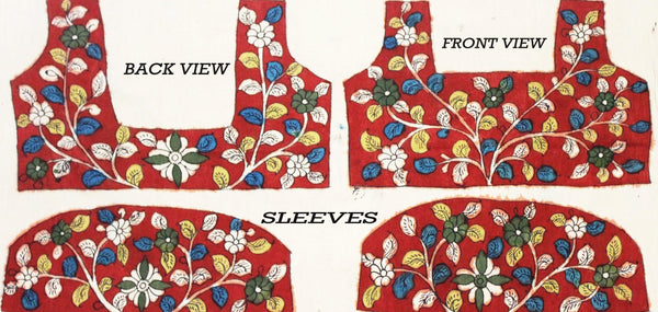 Pen Kalamkari Blouse material hand painted Florals and Peacock (Red)(45055A) (front/back/sleeves) - Blouse Swadeshi Boutique