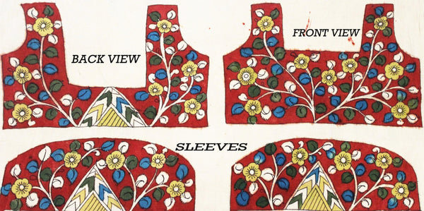 Pen Kalamkari Blouse material hand painted Florals and Peacock (Red)(45056A) (front/back/sleeves) - Swadeshi Boutique