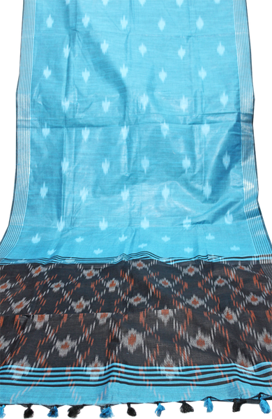 47113A - Cotton Linen Saree with all over Ikkat design and silver zari border (Blue) - Sarees Swadeshi Boutique