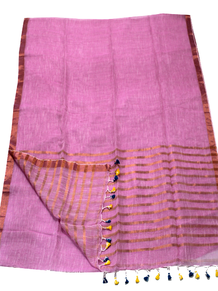 47121A - Beautiful Linen Saree copper zari in border and pallu (Pink) - Sarees Swadeshi Boutique
