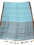 47121D - Beautiful Linen Saree copper zari in border and pallu (Sky Blue) - Sarees Swadeshi Boutique