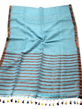 47121D - Beautiful Linen Saree copper zari in border and pallu (Sky Blue) - Sarees Swadeshi Boutique
