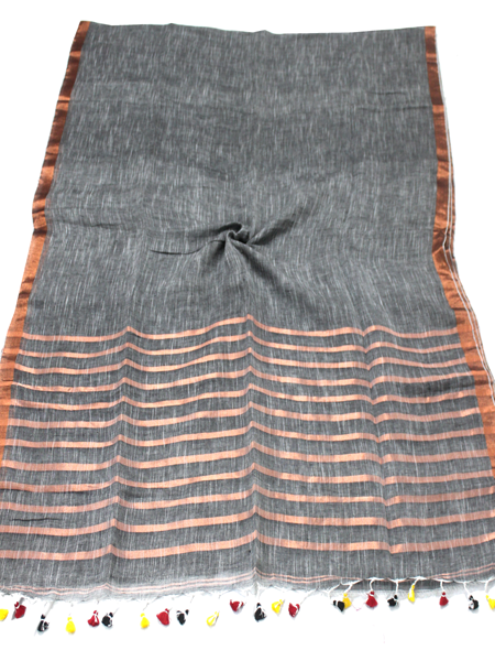 47121H - Beautiful Linen Saree copper zari in border and pallu (Grey) - Sarees Swadeshi Boutique