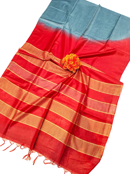 57008A - Tussar Silk Saree with elegant design in pallu (Blue & Red) - Sarees Swadeshi Boutique