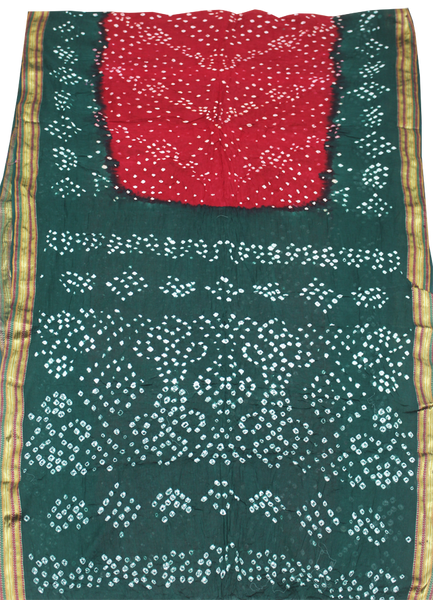 58025A - Bandhani cotton saree with Maroon and Green - Sarees Swadeshi Boutique
