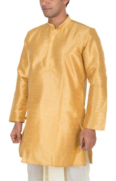 Traditional Raw Silk Kurta for men with beautiful embroidary (Yellow) - 91008A, Kurta - Swadeshi Boutique