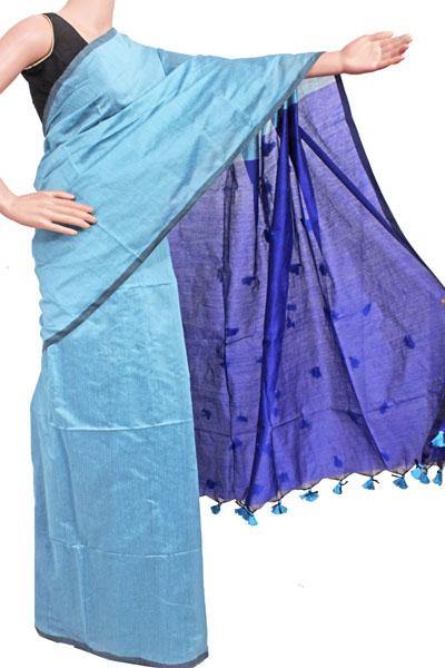 Silk Cotton plain saree with vibrant color combination and pompom lace in pallu- 61025A - Sarees Swadeshi Boutique