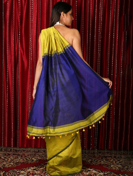 61074A - Silk Cotton plain saree with vibrant color combination (Yellow & Ink Blue) * New Collection * - Sarees Swadeshi Boutique