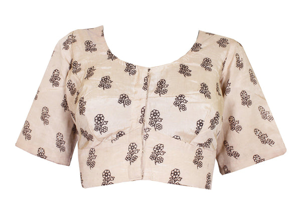 Kalamkari Crepe Silk Ready-made Blouse with mirror work - Beige (75002C) Size-42 - Blouse Swadeshi Boutique