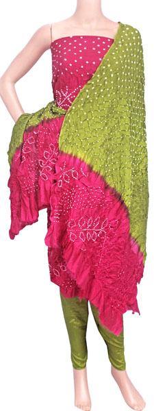 Bandhani art silk salwar material (3 piece set) Dark pink & Green - 81015S - Chudi Swadeshi Boutique
