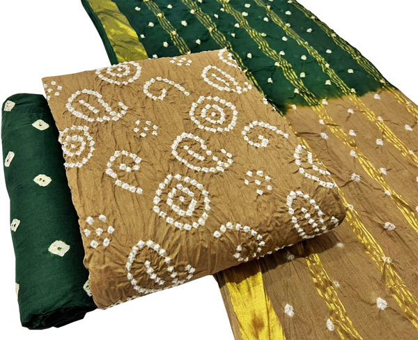 81035C - Bandhani cotton salwar materials (3 piece set) Beige & Green