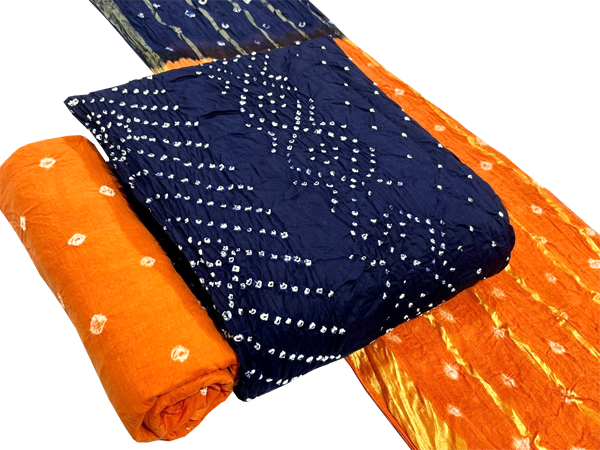 81052C - Bandhani cotton salwar materials (3 piece set) Blue & Fanta