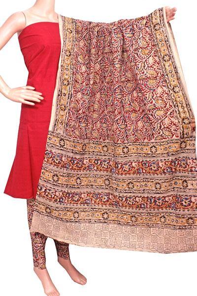 Kalamkari Cotton Salwar set material - 85014A (3 Piece - Plain Tops, Kalamkari Bottom, Dhuppatta) - Chudi Swadeshi Boutique