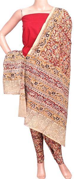 Kalamkari Cotton Salwar set material - 85015A (3 Piece - Plain Tops, Kalamkari Bottom, Dhuppatta) - Chudi Swadeshi Boutique