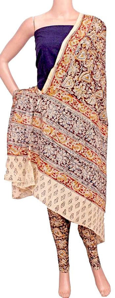 Kalamkari Cotton Salwar set material -  85023A (3 Piece - Plain Tops, Kalamkari Bottom, Dhuppatta), Chudi - Swadeshi Boutique