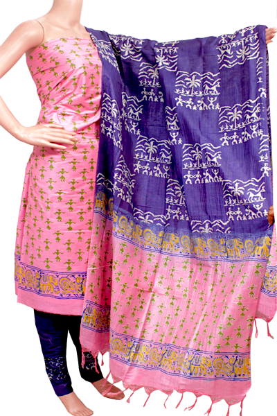 87006A - Silk Cotton with Block print Salwar set material (3 Piece - Tops, Bottom, Dhuppatta) - Chudi Swadeshi Boutique
