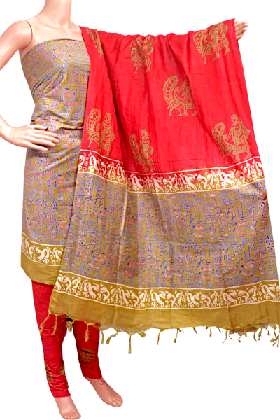 87008A - Silk Cotton with Block print Salwar set material (3 Piece - Tops, Bottom, Dhuppatta) - Chudi Swadeshi Boutique