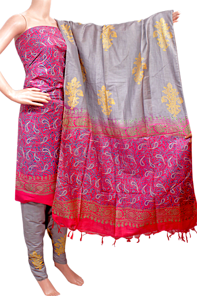 87009A - Silk Cotton with Block print Salwar set material (3 Piece - Tops, Bottom, Dhuppatta) - Chudi Swadeshi Boutique