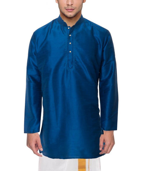 Traditional Raw Silk Kurta for men with beautiful embroidary (Blue) - 91006A - Kurta Swadeshi Boutique