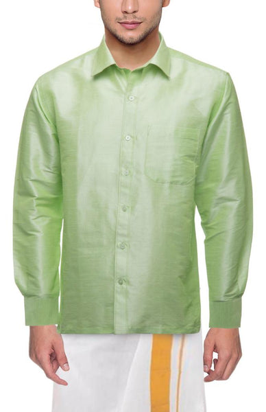 Traditional Raw Silk Shirt for men - full sleeve (Pista Green) - 90027A - Shirts & Tops Swadeshi Boutique