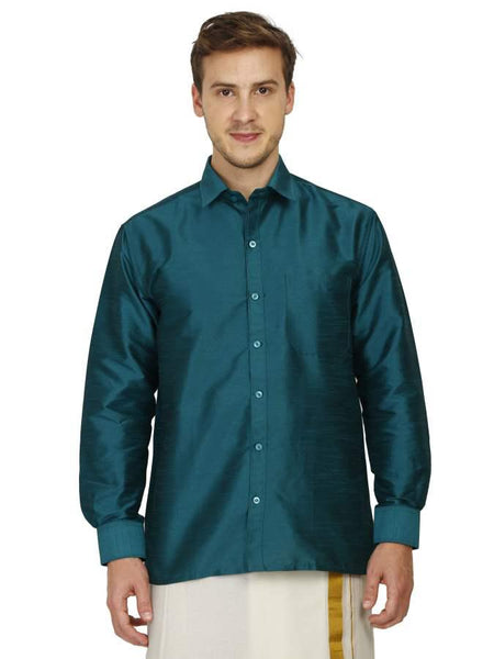 Traditional Raw Silk Shirt for men - full sleeve (Green) - 90028A - Shirts & Tops Swadeshi Boutique