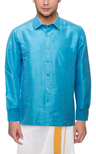 Traditional Raw Silk Shirt for men - full sleeve (Sky Blue) - 90030A - Shirts Swadeshi Boutique