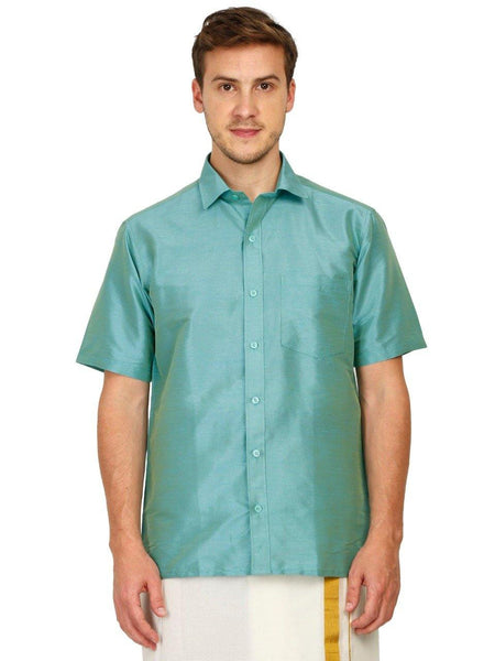 Traditional Raw Silk Shirt for men (Aqua Blue) - 90020A - Shirts Swadeshi Boutique