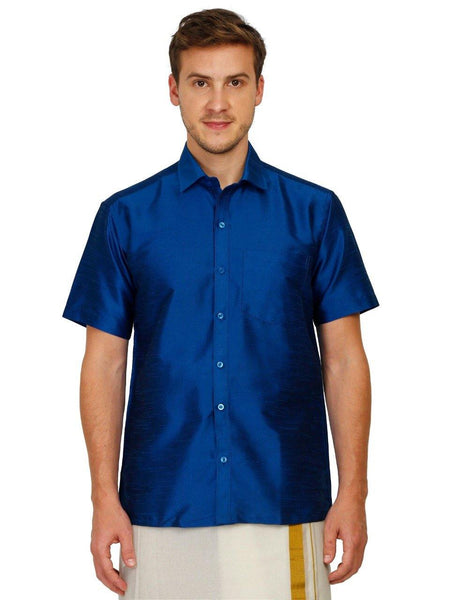 Traditional Raw Silk Shirt for men (Robin Blue) - 90001A - Shirts Swadeshi Boutique
