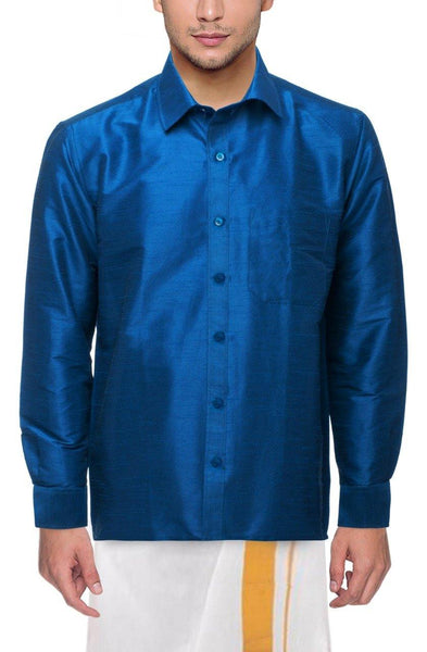 Traditional Raw Silk Shirt for men - full sleeve (Blue) - 90003A - Shirts Swadeshi Boutique