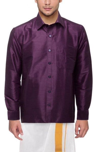 Traditional Raw Silk Shirt for men - full sleeve (Purple) - 90010A - Shirts Swadeshi Boutique