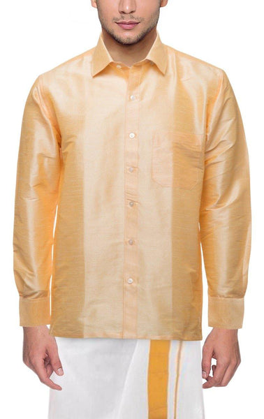Traditional Raw Silk Shirt for men - full sleeve (Sandal) - 90006A - Shirts Swadeshi Boutique