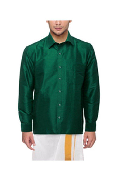 Traditional Raw Silk Shirt for men - full sleeve (Green) - 90011A - Shirts Swadeshi Boutique