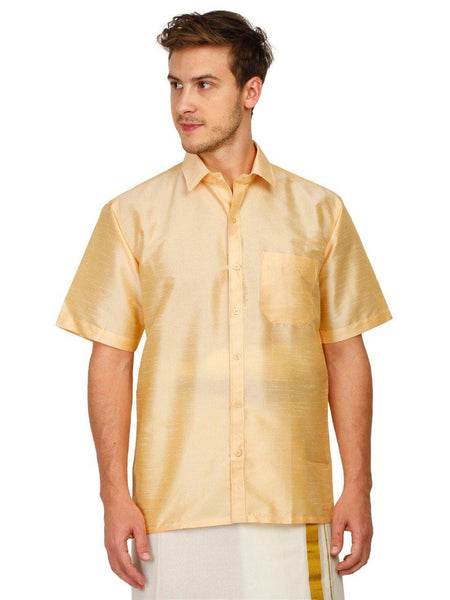 Traditional Raw Silk Shirt for men (Sandal) - 90013A - Shirts Swadeshi Boutique
