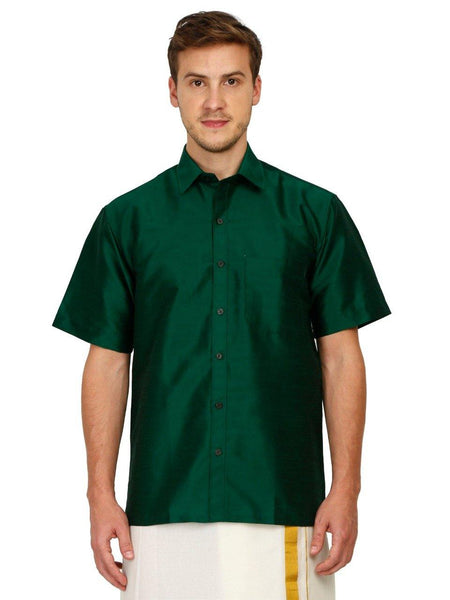 Traditional Raw Silk Shirt for men (Green) - 90015A - Shirts Swadeshi Boutique