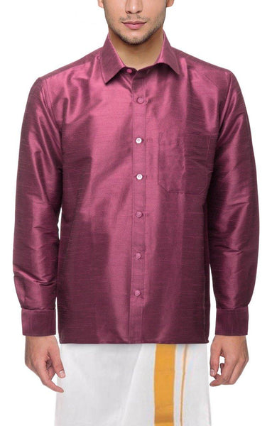 Traditional Raw Silk Shirt for men - full sleeve (Maroon) - 90007A - Shirts Swadeshi Boutique