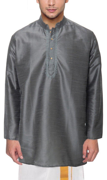Traditional Raw Silk Kurta for men with beautiful embroidary (Grey) - 91002A - Kurta Swadeshi Boutique
