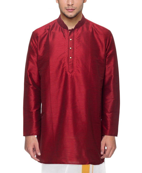 Traditional Raw Silk Kurta for men with beautiful embroidary (Maroon) - 91003A - Kurta Swadeshi Boutique